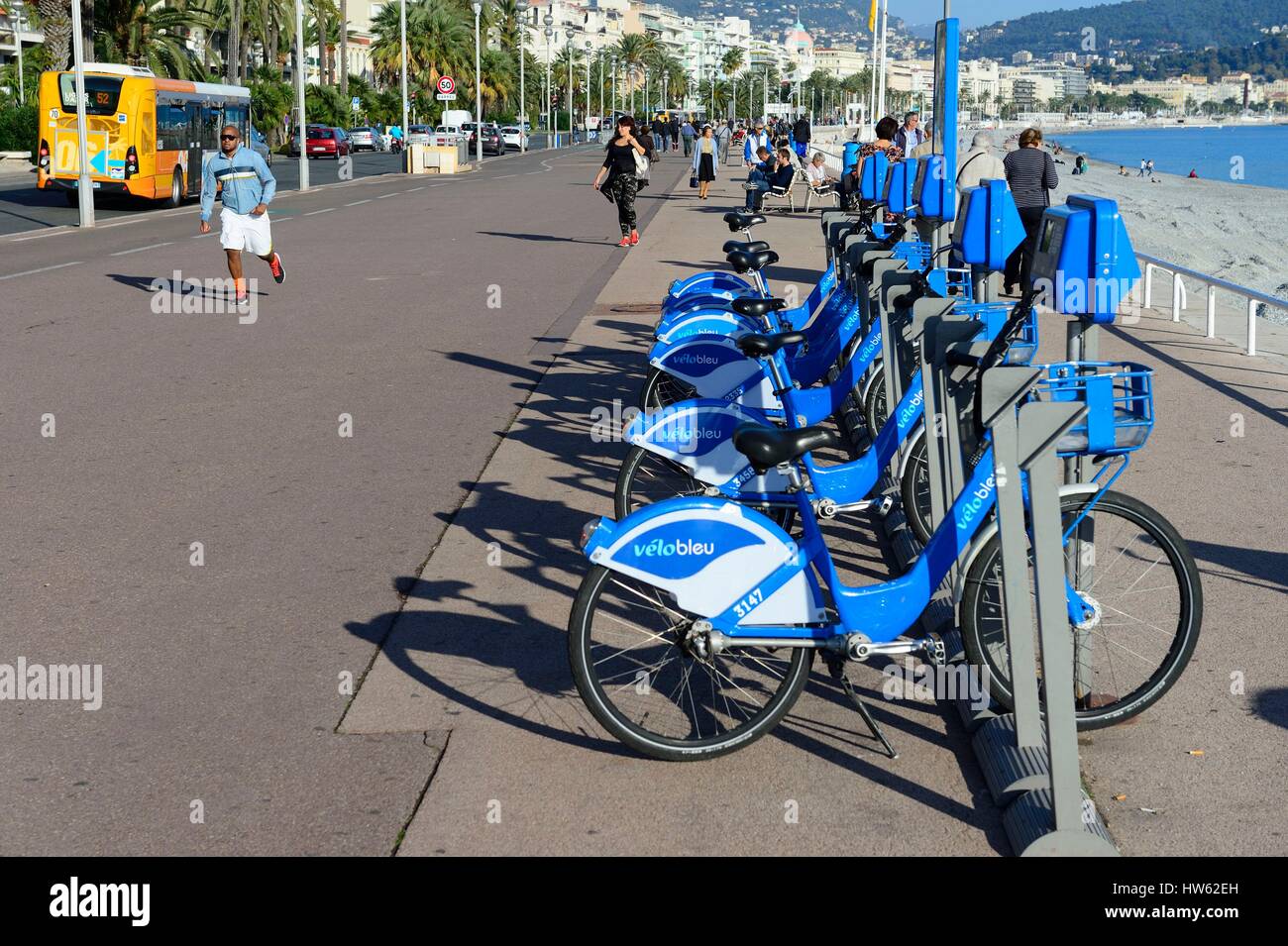 France, Alpes Maritimes, Nice, the Promenade des Anglais, Vélo Bleu bike  station Stock Photo - Alamy