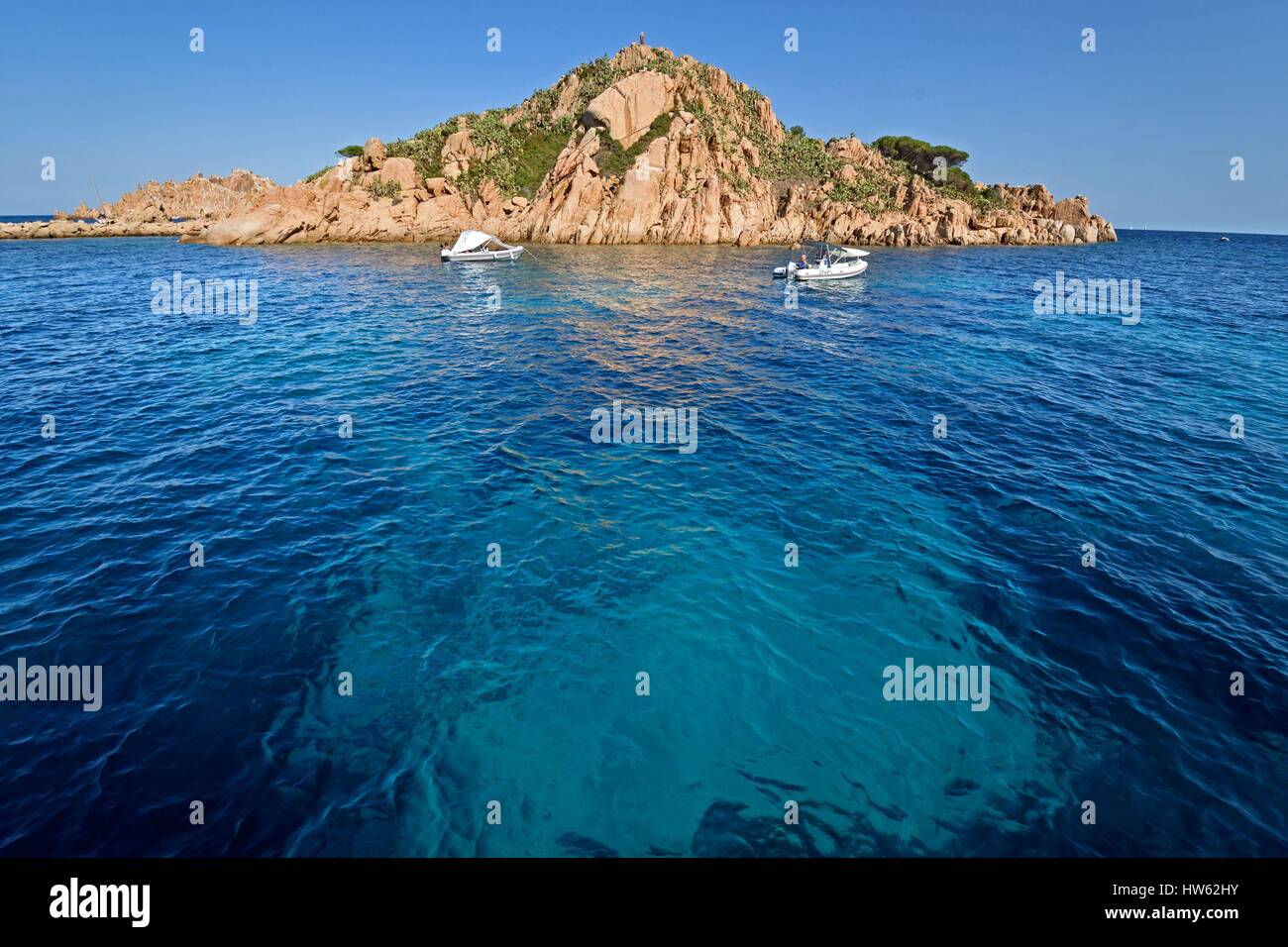 Italy, Sardinia, Tyrrhenian Sea, Gulf of Orosei, Arbatax island frequented by tourists in pleasure boats Stock Photo