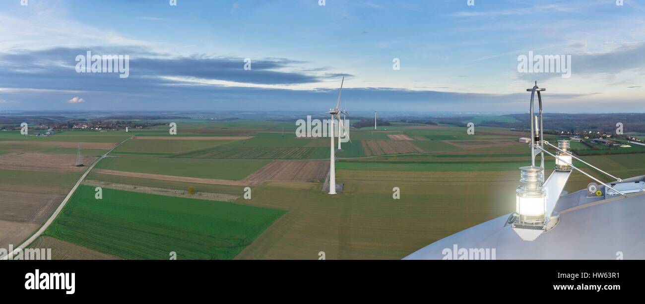 France, Somme, Saisseval, wind farm, 5 wind turbines Enercon E 82 (aerial view) Stock Photo