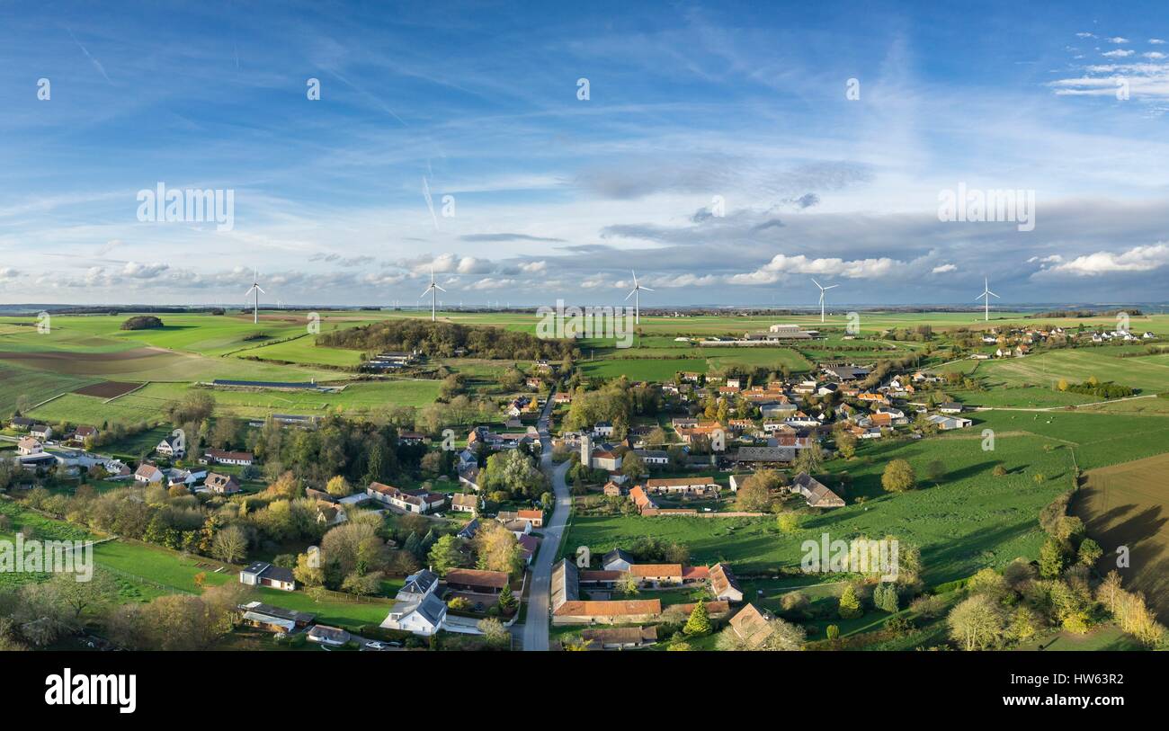France, Somme, Saisseval, wind farm, 5 wind turbines Enercon E 82 (aerial view) Stock Photo
