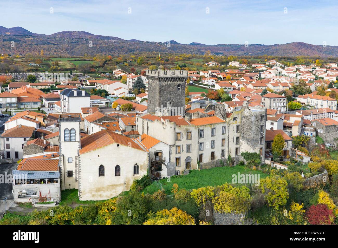 France, Puy de Dome, Chateaugay, the castle and roman church (aerial