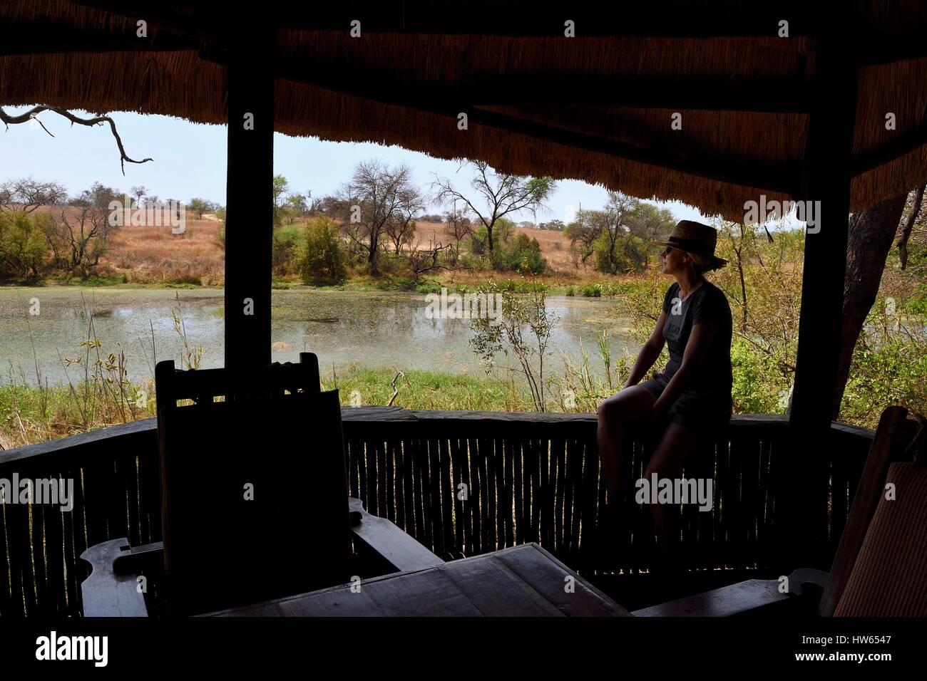 Zimbabwe, Midlands Province, Gweru, Antelope Park, terrace of a bungalow overlooking the pond Stock Photo