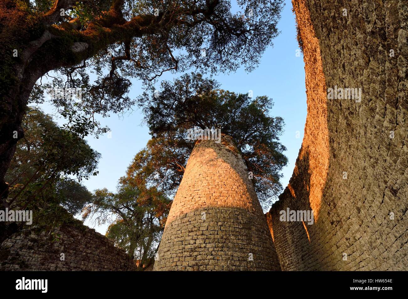 Zimbabwe, Masvingo province, the ruins of the archaeological site of Great Zimbabwe, UNESCO World Heritage List, 10th-15th century, the conical tower inside the Great Enclosure Stock Photo