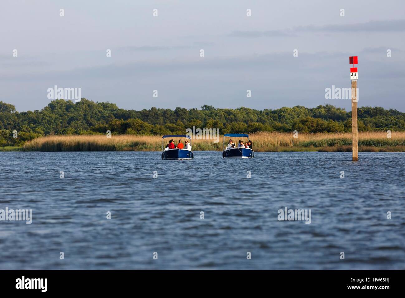 France, Gironde, Bassin d'Arcachon, Le Teich, Leyre river delta, electric boats Stock Photo