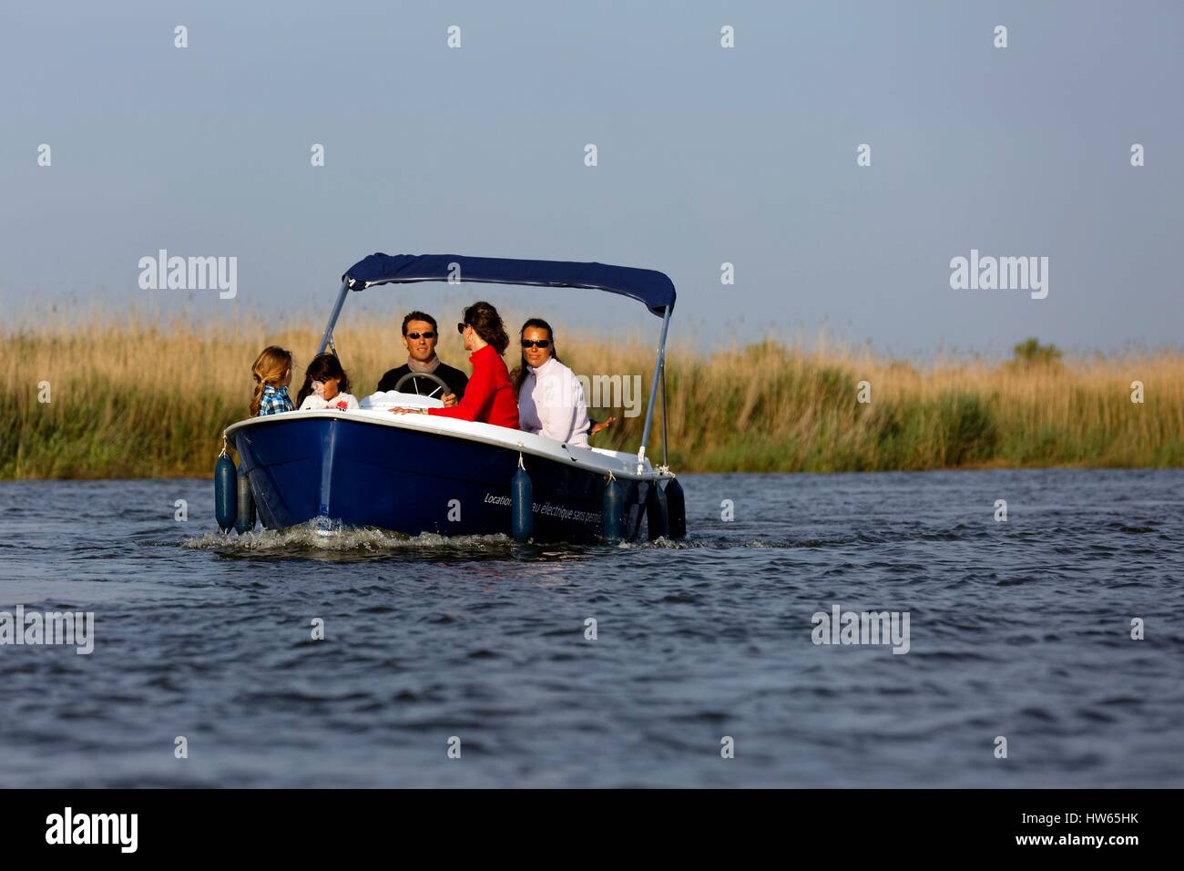 France, Gironde, Bassin d'Arcachon, Le Teich, Leyre river delta, electric boats Stock Photo