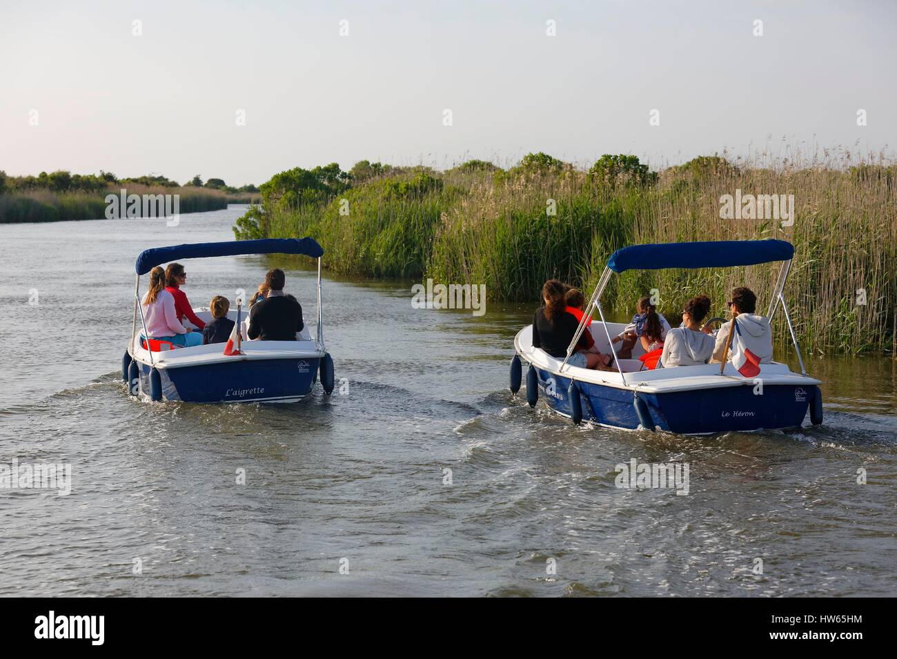 France, Gironde, Bassin d'Arcachon, Le Teich, Leyre river delta, electric boats Stock Photo