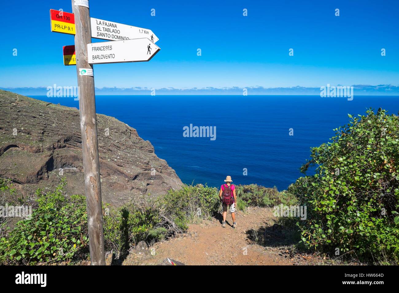Spain, Canary Islands, La Palma island declared a Biosphere Reserve by UNESCO, north coast, hiking on the GR 130 between Gallegos and La Fajana de Franceses Stock Photo