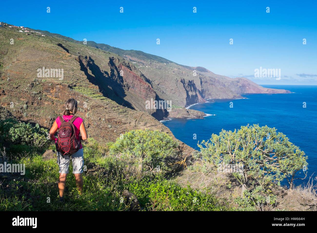 Spain Canary Islands La Palma island declared a Biosphere Reserve by UNESCO north coast hiking on the GR 130 between Gallegos Stock Photo
