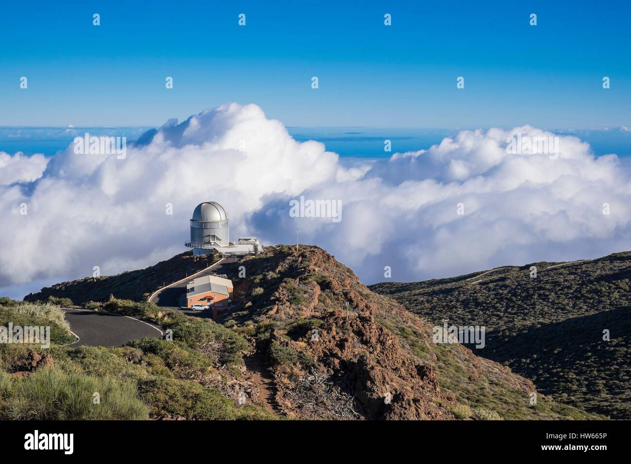 Spain, Canary Islands, La Palma island declared a Biosphere Reserve by UNESCO, Caldera de Taburiente National Park, the Astrophysical Observatory of Roque de los Muchachos, highest point of the island (alt: 2426 m), is one of the best places in the world for stargazing Stock Photo