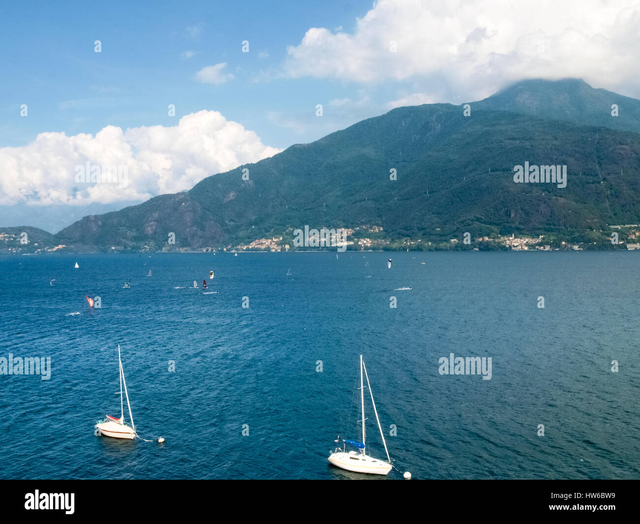 Cremia, Italy - August 25, 2015: Panorama of the village of Cremia directly overlooking Lake Como. Stock Photo