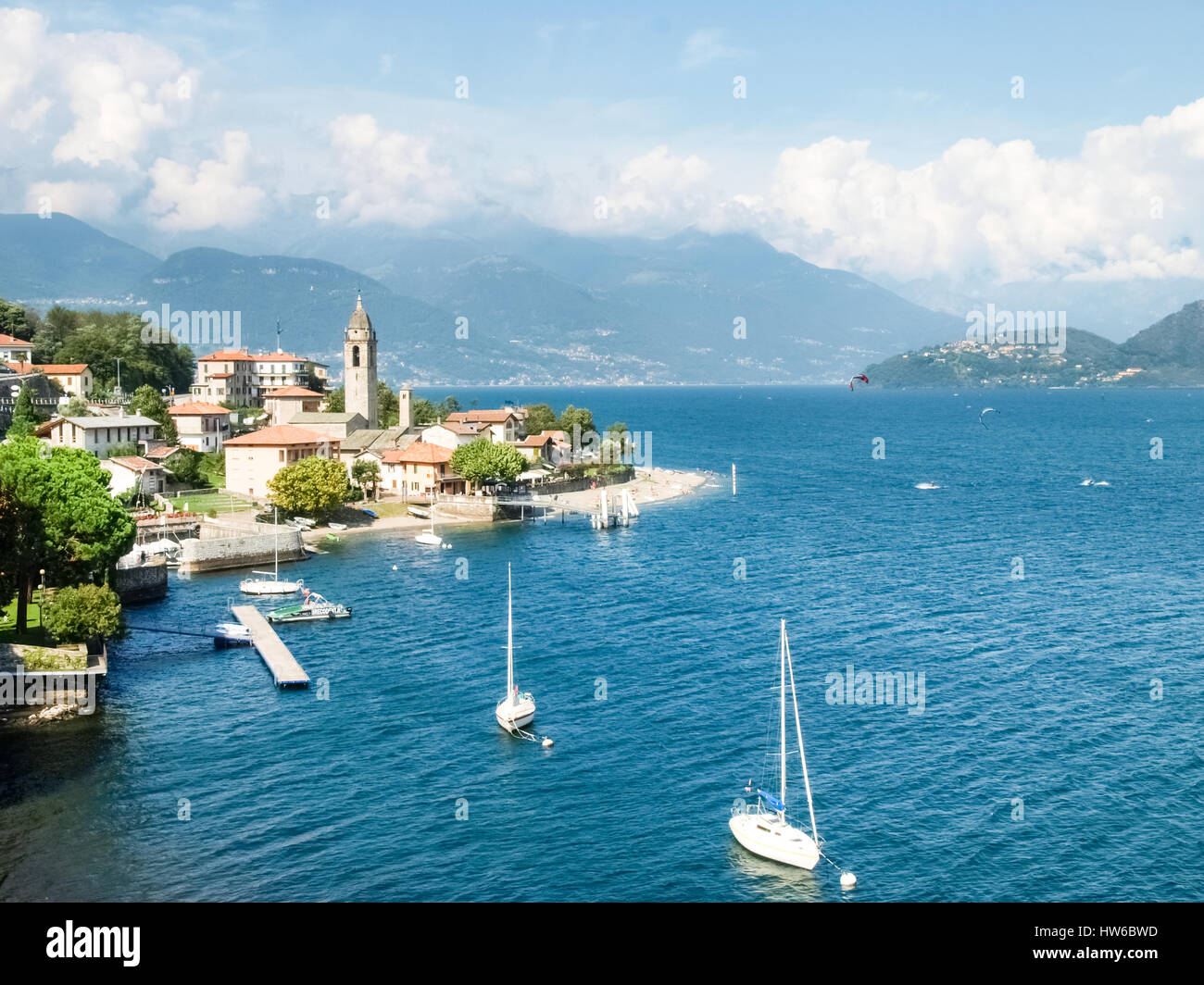 Cremia, Italy - August 25, 2015: Panorama of the village of Cremia directly overlooking Lake Como. Stock Photo