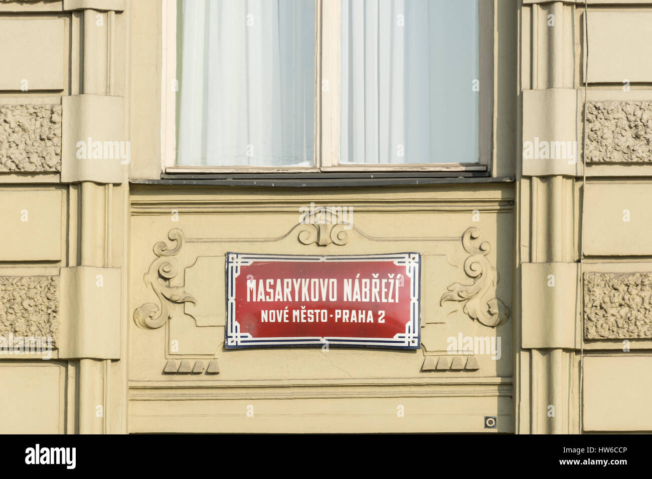 Street sign, Masarykovo nabrezi , Nove mesto, Prague, Czech Republic Stock Photo