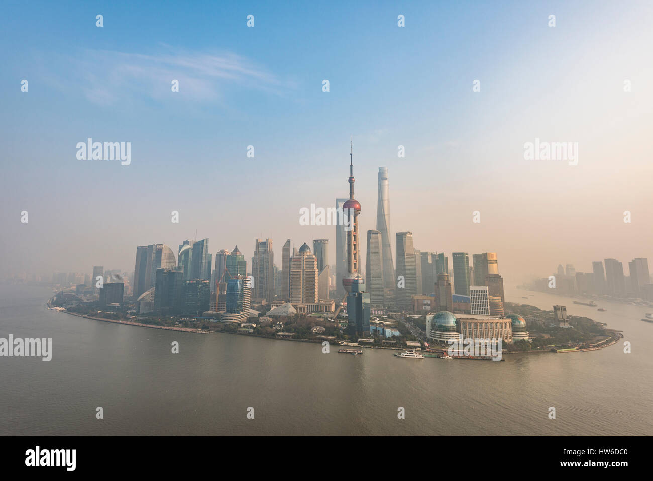 Skyline of Shanghai with Oriental Pearl Tower and Shanghai Tower, Pudong, Shanghai, China Stock Photo