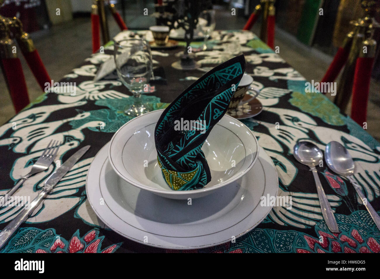 batik pattern print on dining cloth on top of table photo taken in Batik Museum Pekalongan Indonesia Stock Photo