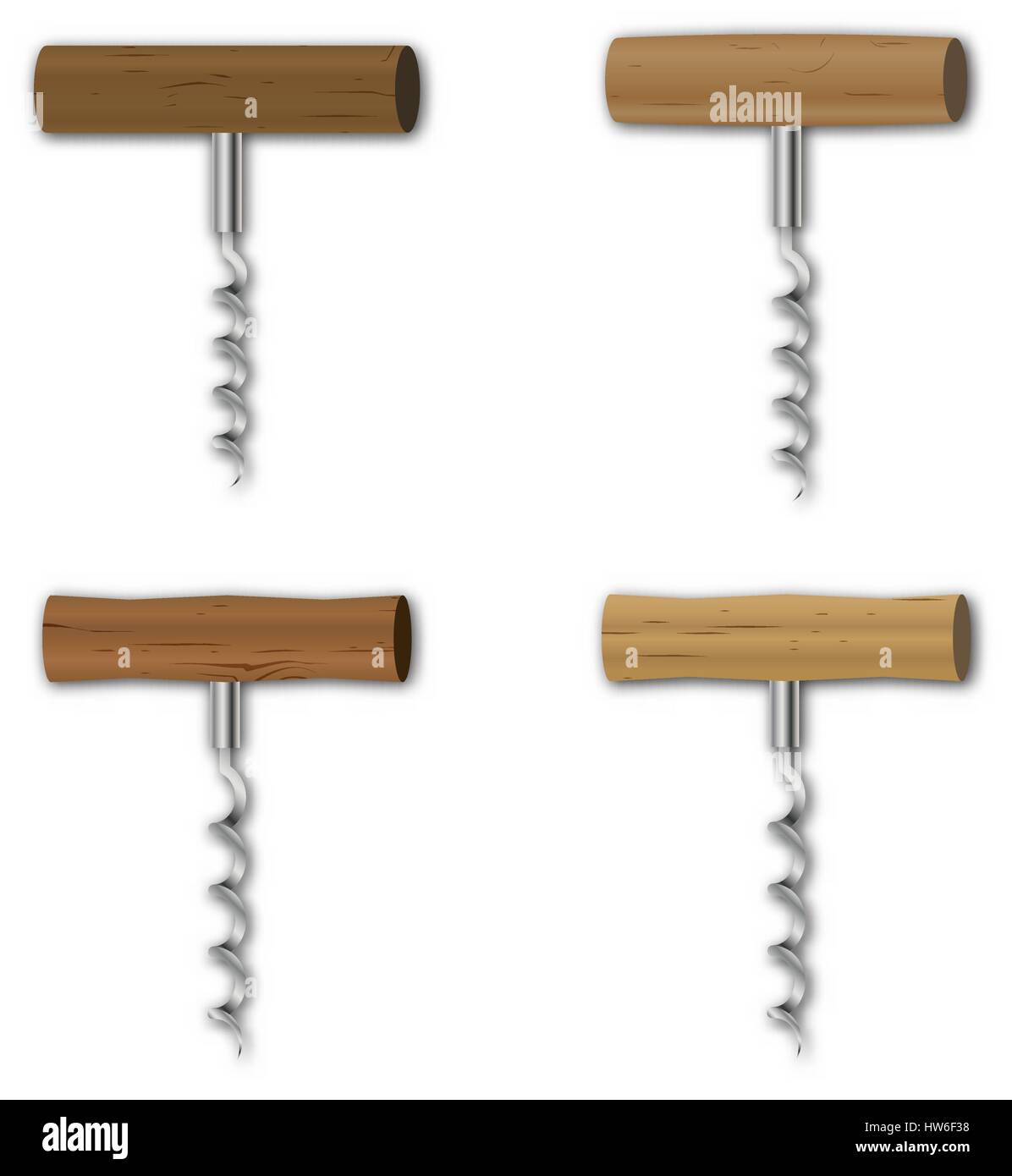 Set Realistic Steel Corkscrew with wooden handles isolated on white ...