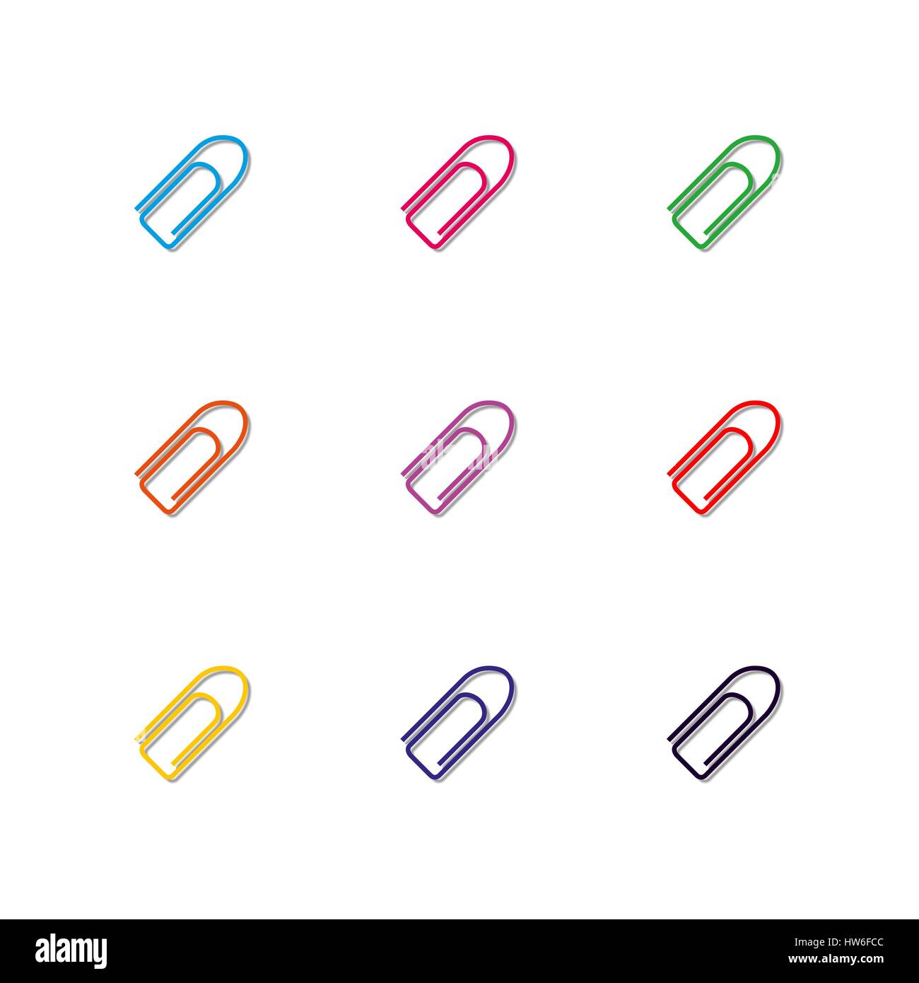 Set of nine multi-colored paper clips with shadow isolated on white ...