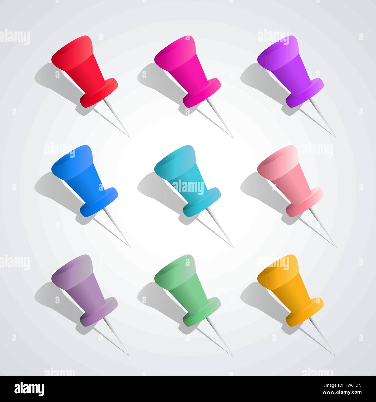 Set of nine colored pushpins with shadow and 3D effect, isolated on ...