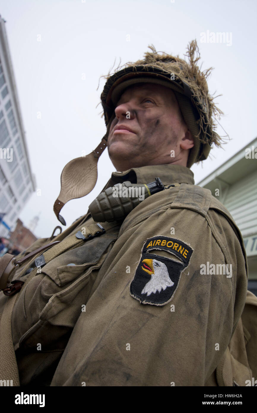 American ww2 army soldier stands looking away from camera Stock Photo