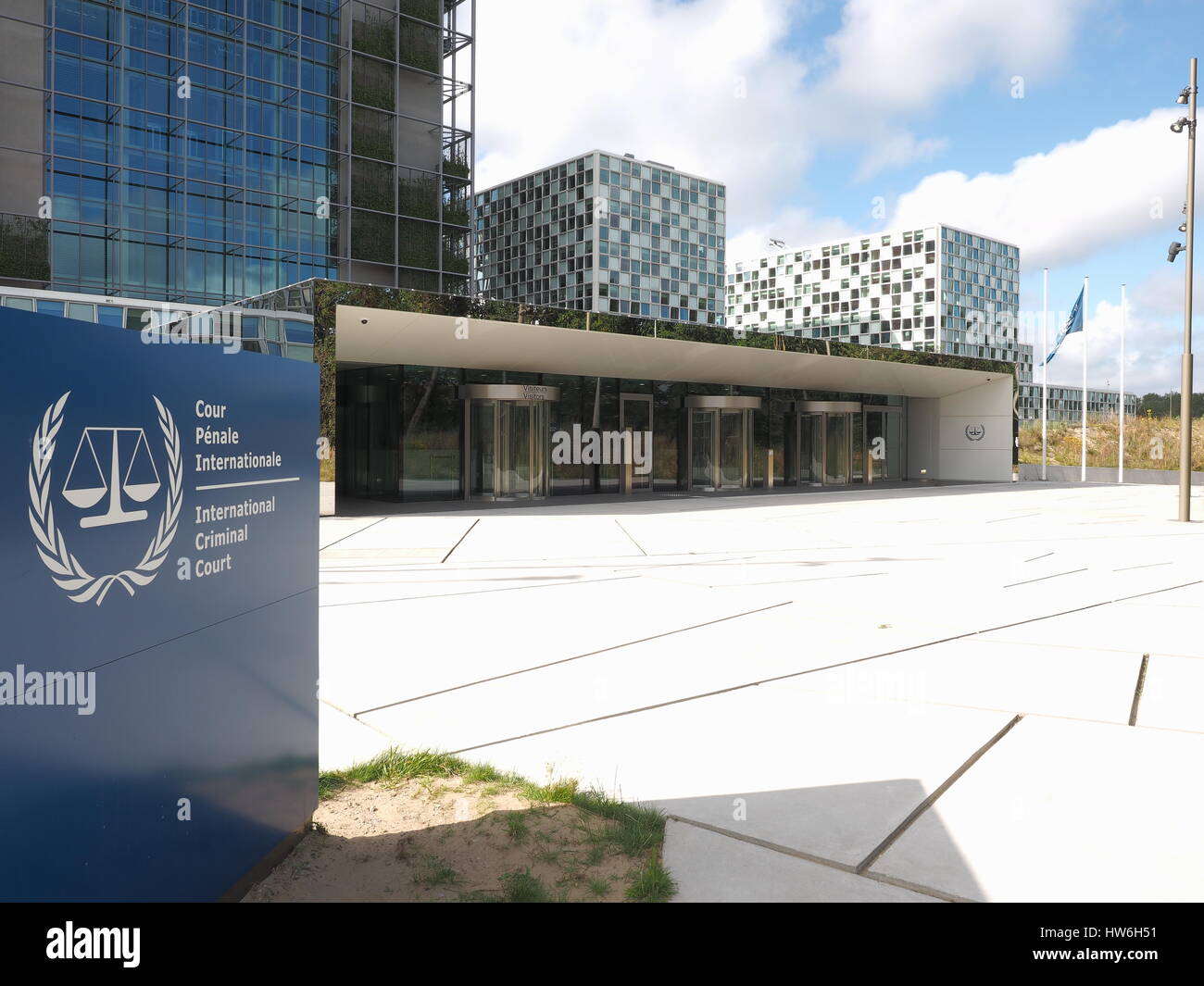 The Hague, Netherlands - July 5, 2016: The International Criminal Court forecourt, entrance and sign at the new 2016 opened ICC building. Stock Photo