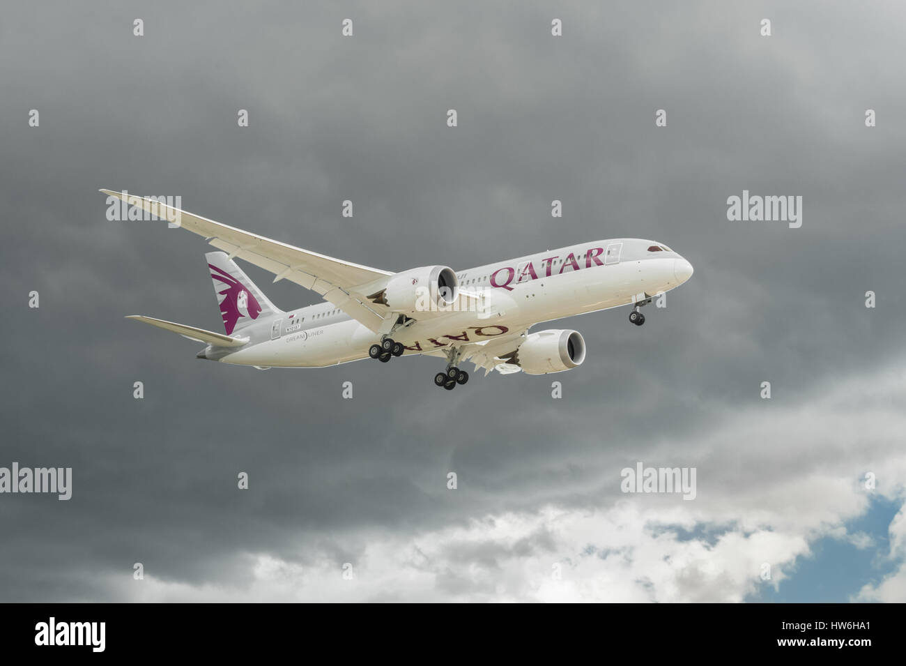 Boeing 787 Dreamliner in Qatar Airways livery during a display at Farnborough Airshow, UK Stock Photo