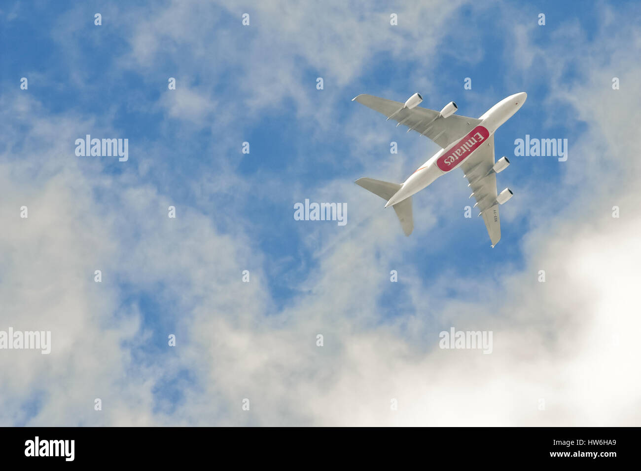 Emirates AIrbus A380 flying at about 1000 metres just after take-off from Gatwick Airport, UK Stock Photo