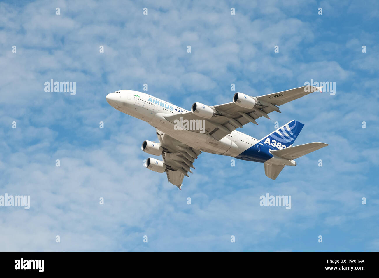 A large Airbus A380 passenger aircraft just after take-off from Farnborough Airport, UK Stock Photo