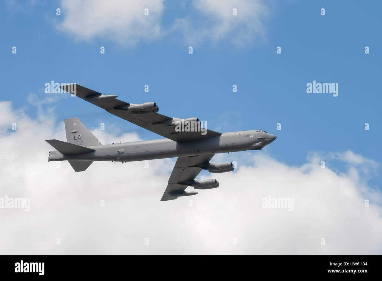 Flypass by USAF longrange B-52 Stratofortress bomber at the Farnborough Airshow, UK Stock Photo
