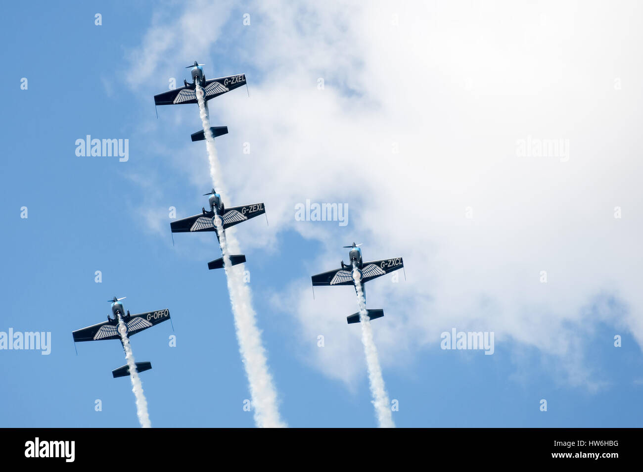 The Blades aerobatics team performing a tight formation maneuver at the Farnborough Airshow, UK Stock Photo