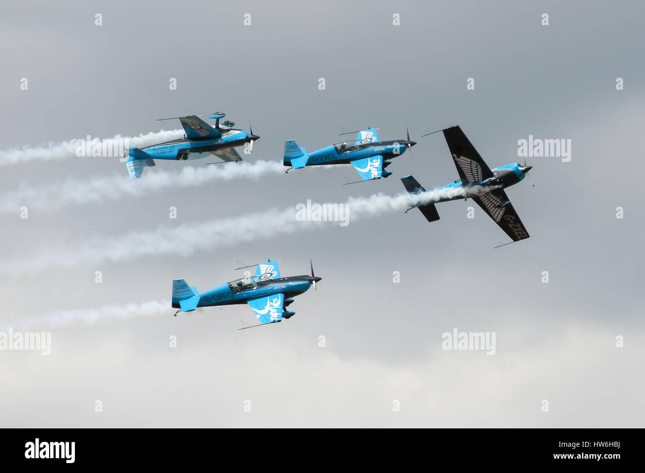 The Blades formation aerobatics team performing a maneuver known as Crazy Flying. Stock Photo