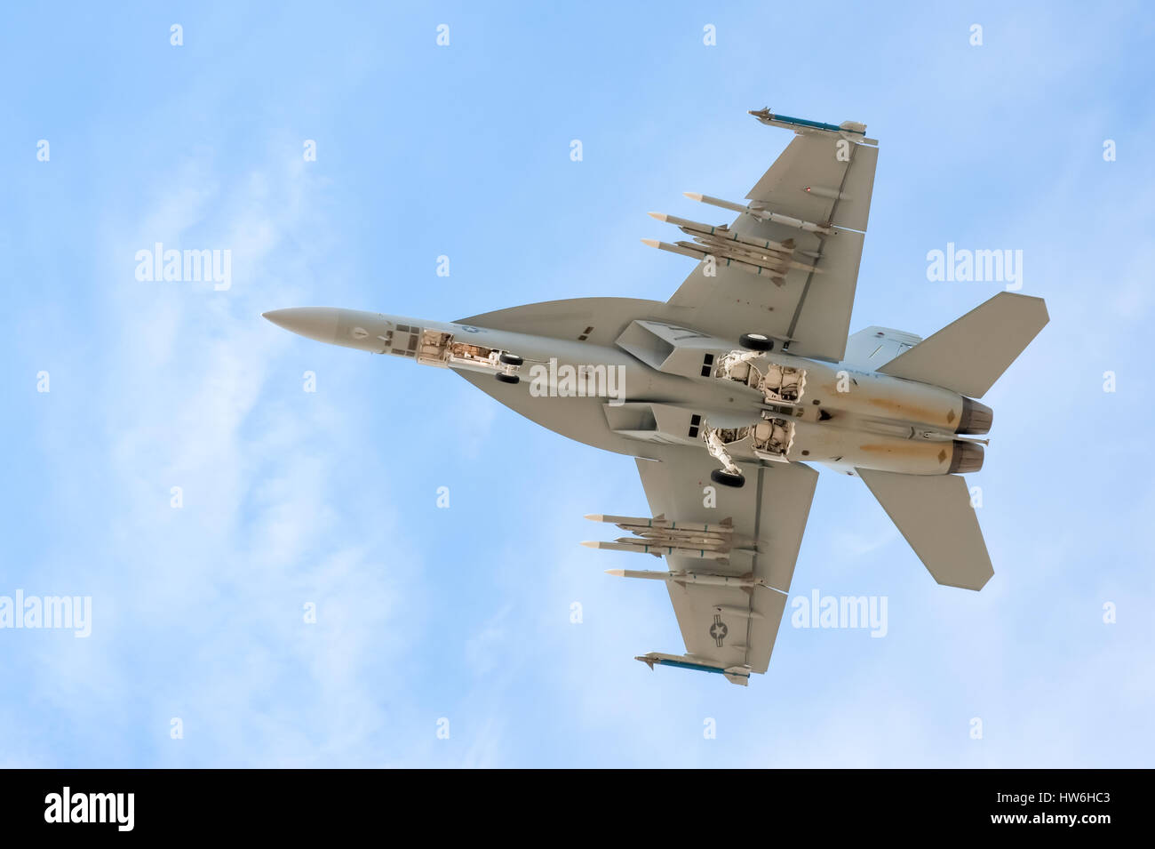 US Navy F-18 Super Hornet with full undercarriage extension at the Farnborough Airshow, UK Stock Photo