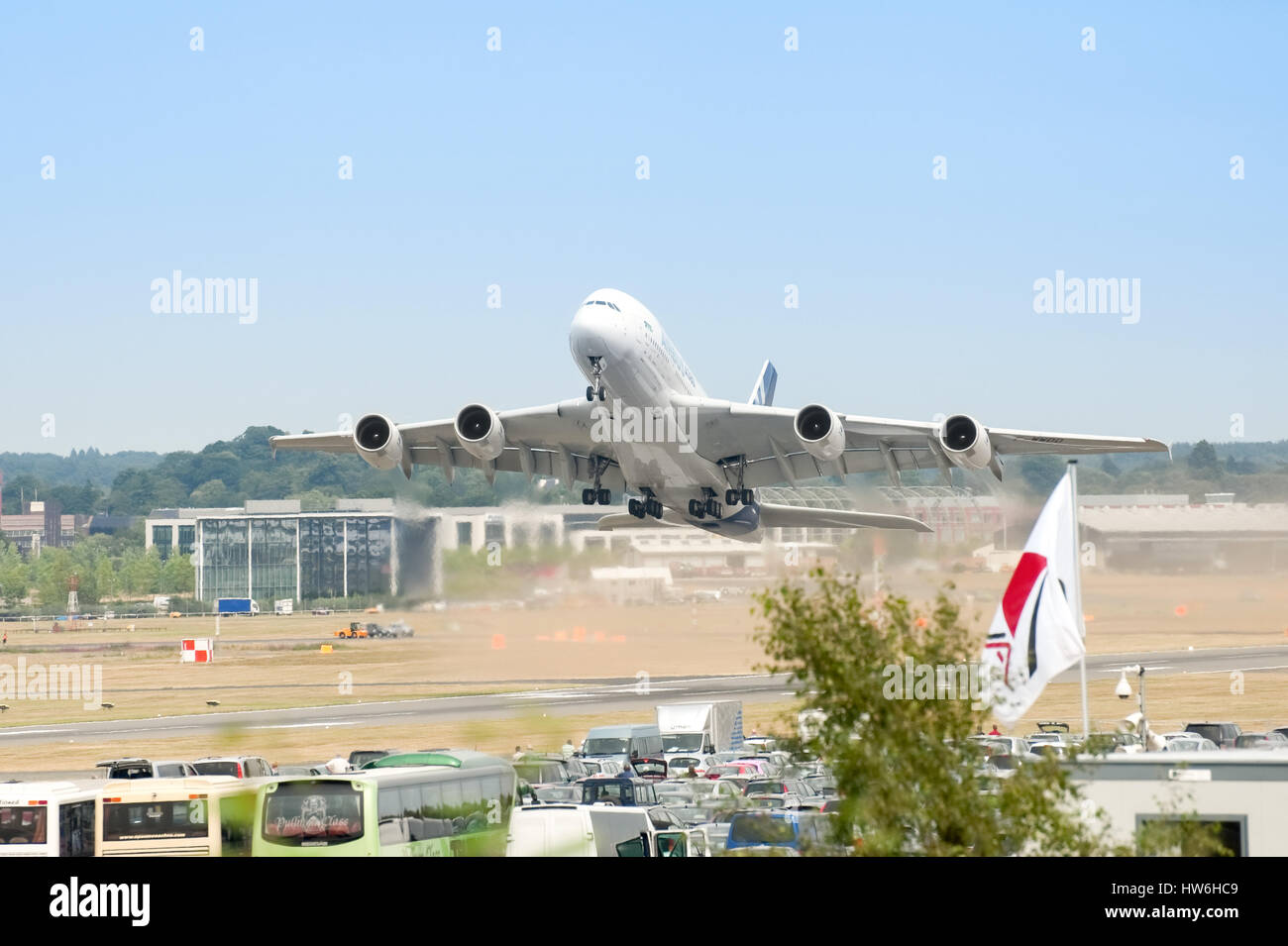 Airbus A380 jet airliner on take-off as part of the daily flying display at the Farnborough Airshow, UK Stock Photo