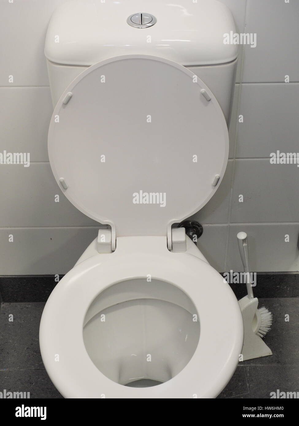 Toilet bowl with brush in a cubicle in a pristine industrial lavatory, Melbourne, Australia 2015 Stock Photo