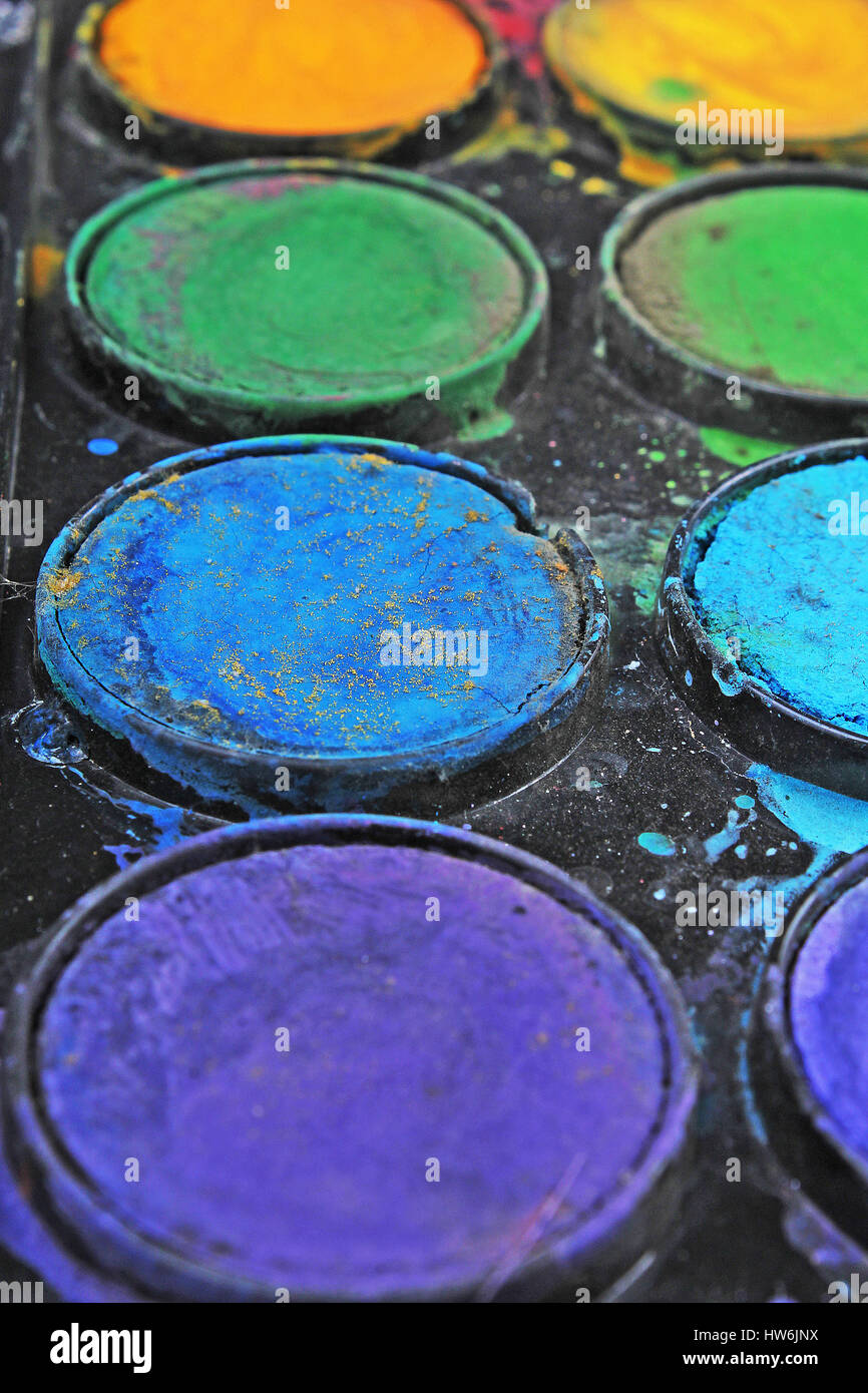 Watercolor used paint palette. Used palette can illustrate creative art