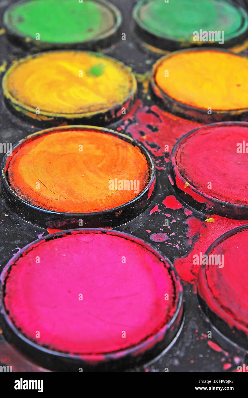 Watercolor used paint palette. Used palette can illustrate creative art