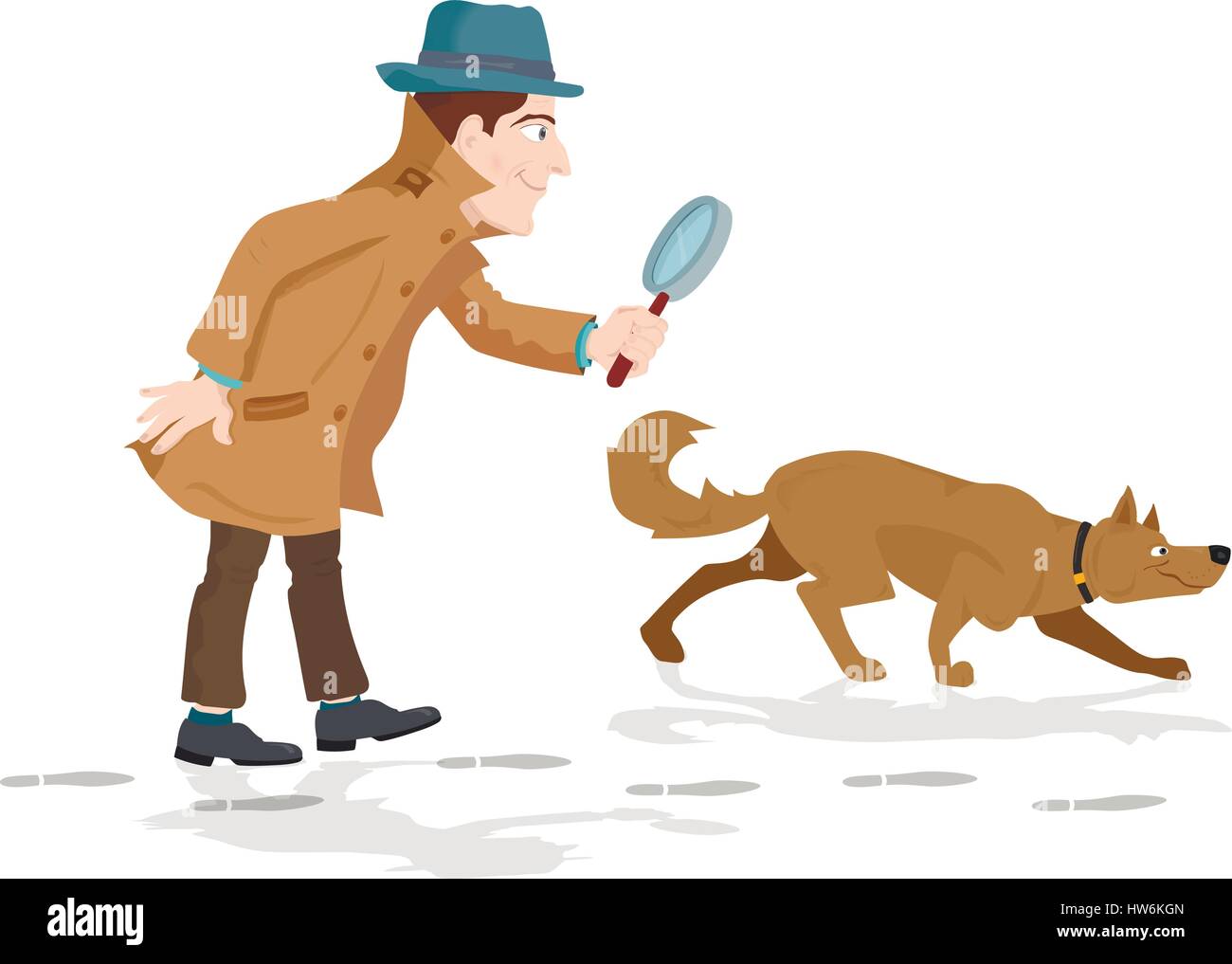 Detective with magnifying glass and tracker dog hunting footprints Stock Vector