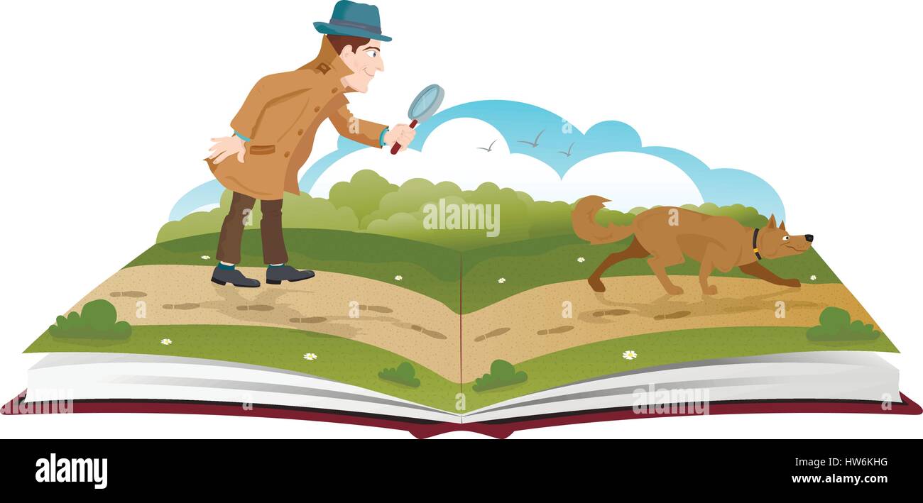 book about detective with magnifying glass and tracker dog Stock Vector