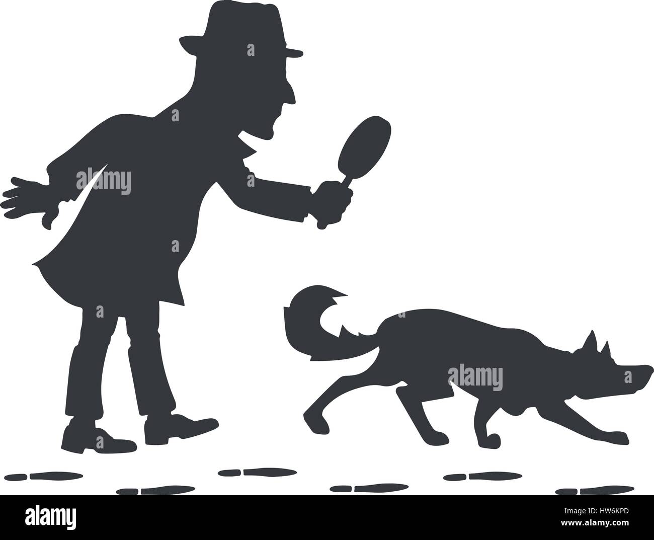 Detective with magnifying glass and tracker dog silhouette Stock Vector