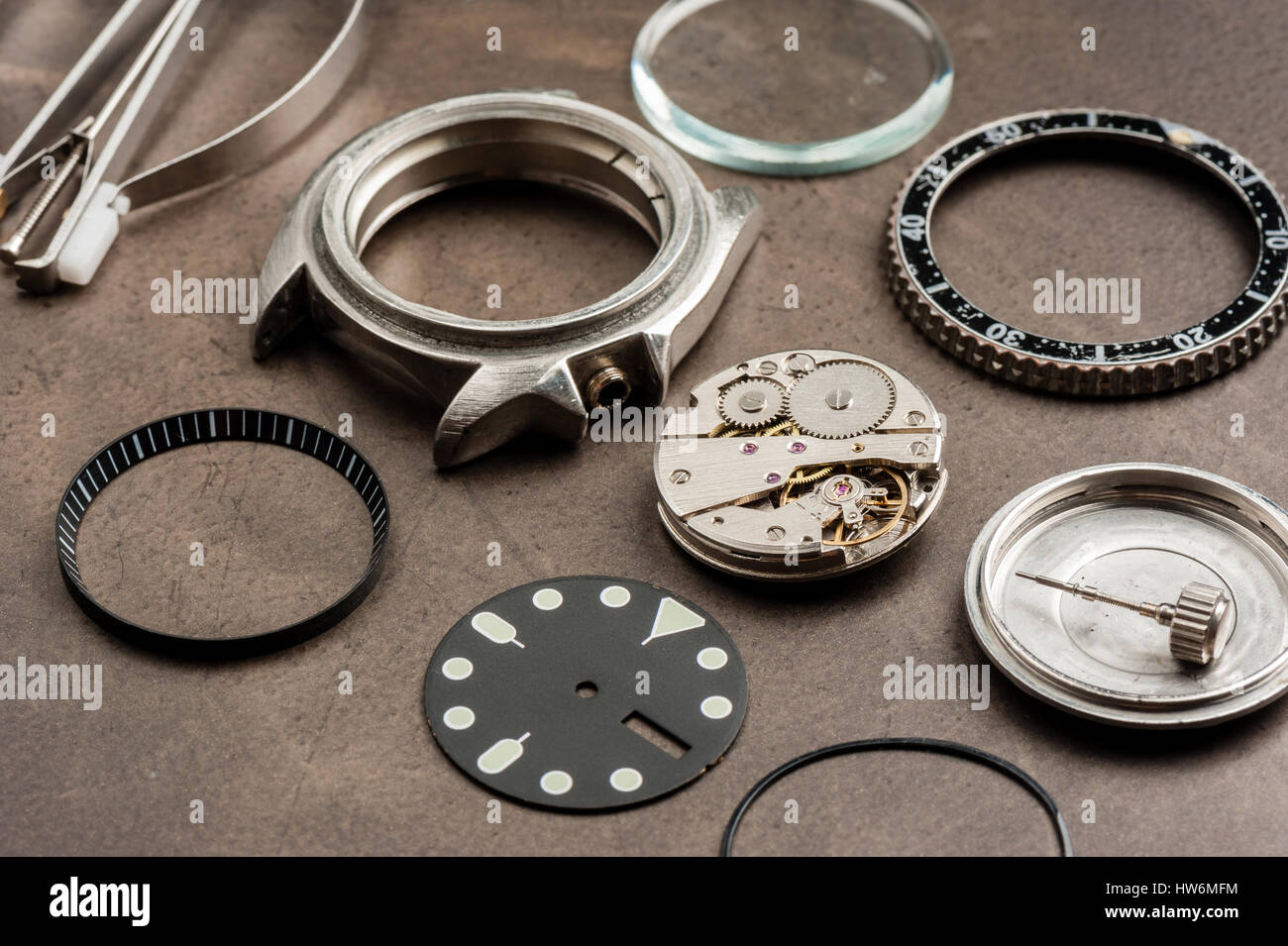 closeup the parts of automatic wristwatch, watch reparing concept Stock