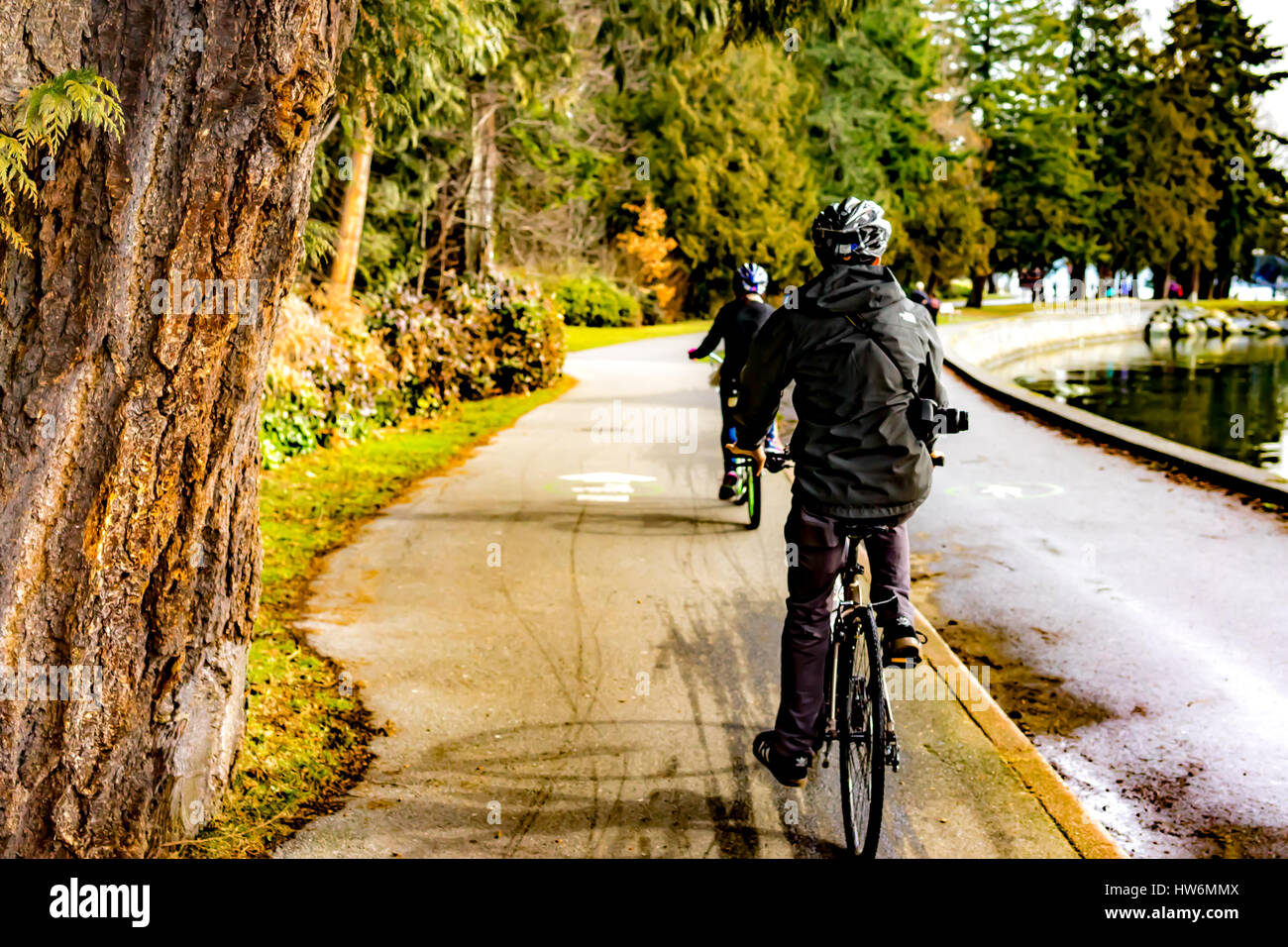 Bicyclists riding in the bike lane at Stanley Park in Vancouver, Canada. Stock Photo