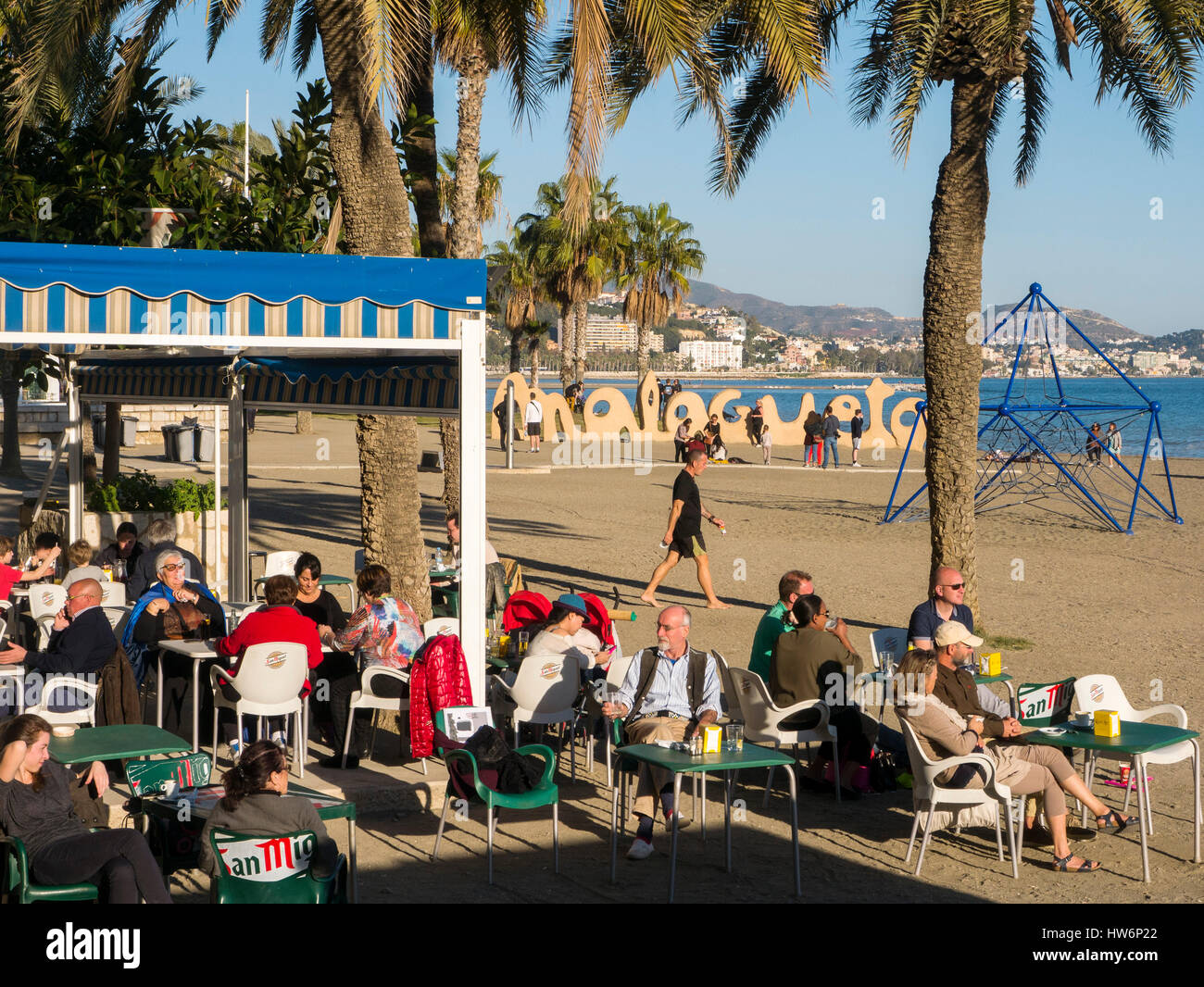 Chiringuito. Malagueta beach. Malaga Costa del Sol, Andalusia Southern Spain.Europe Stock Photo