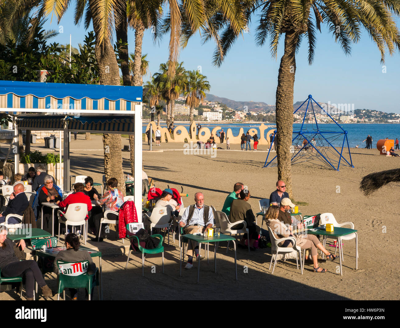 Chiringuito. Malagueta beach. Malaga Costa del Sol, Andalusia Southern Spain.Europe Stock Photo