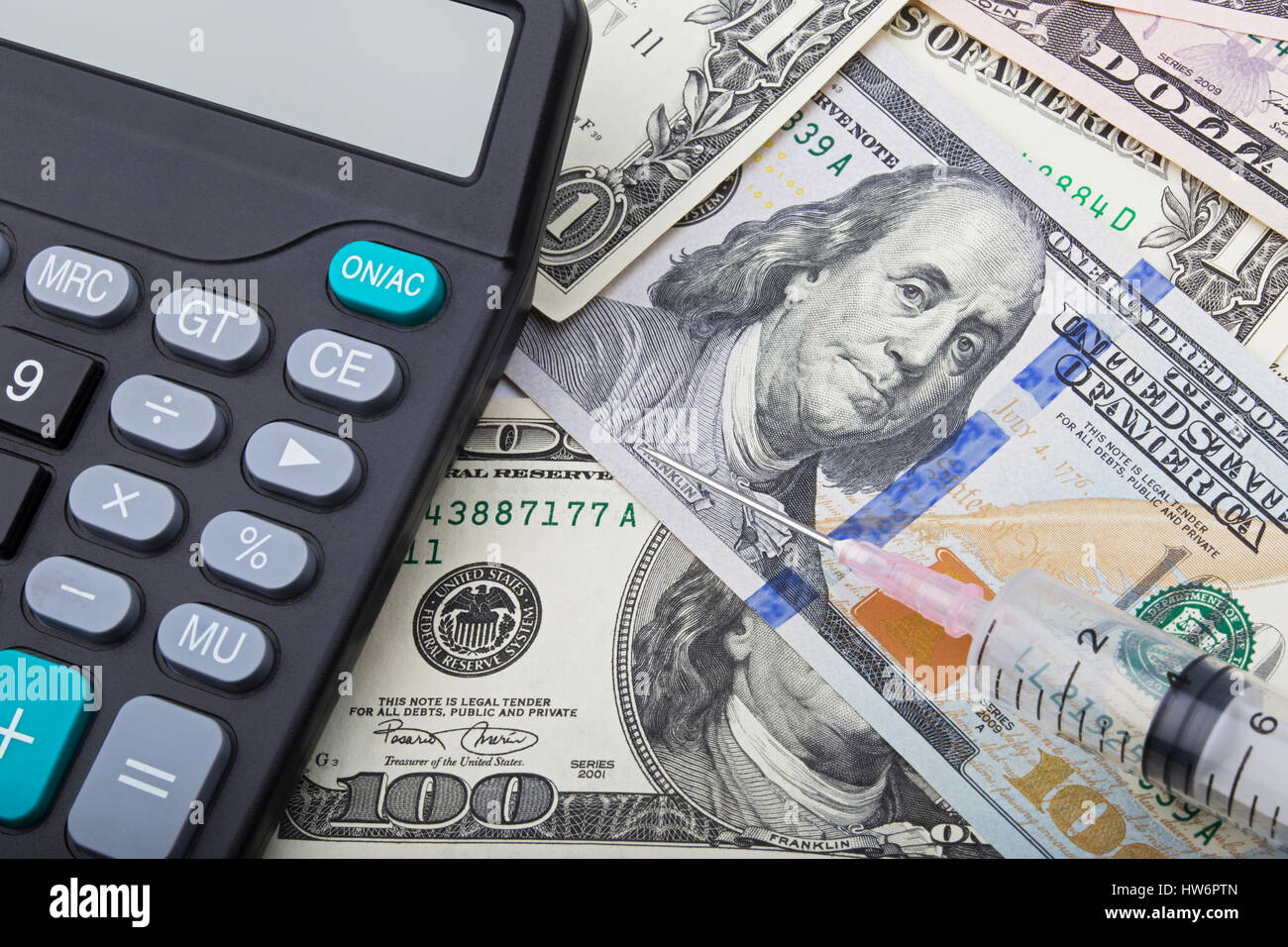 USD bank notes with a syringe and calculator showing the high cost of