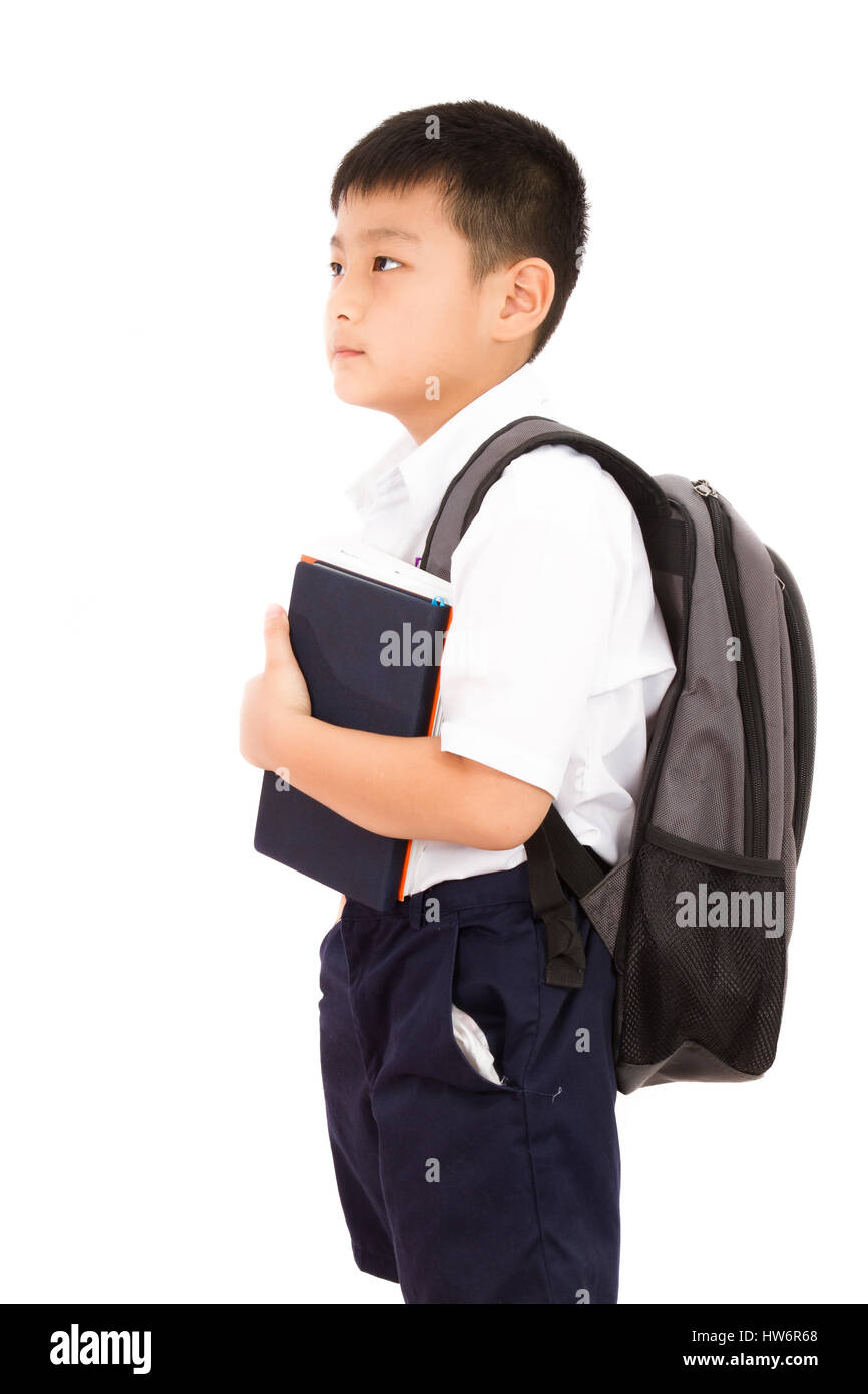 Asian Little School Boy Holding Books with Backpack on White Background ...