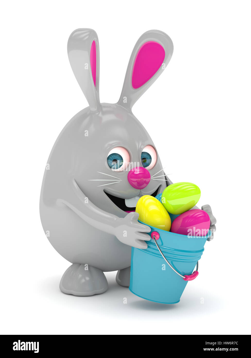 3d rendering of Easter bunny with pail and  painted eggs over white Stock Photo