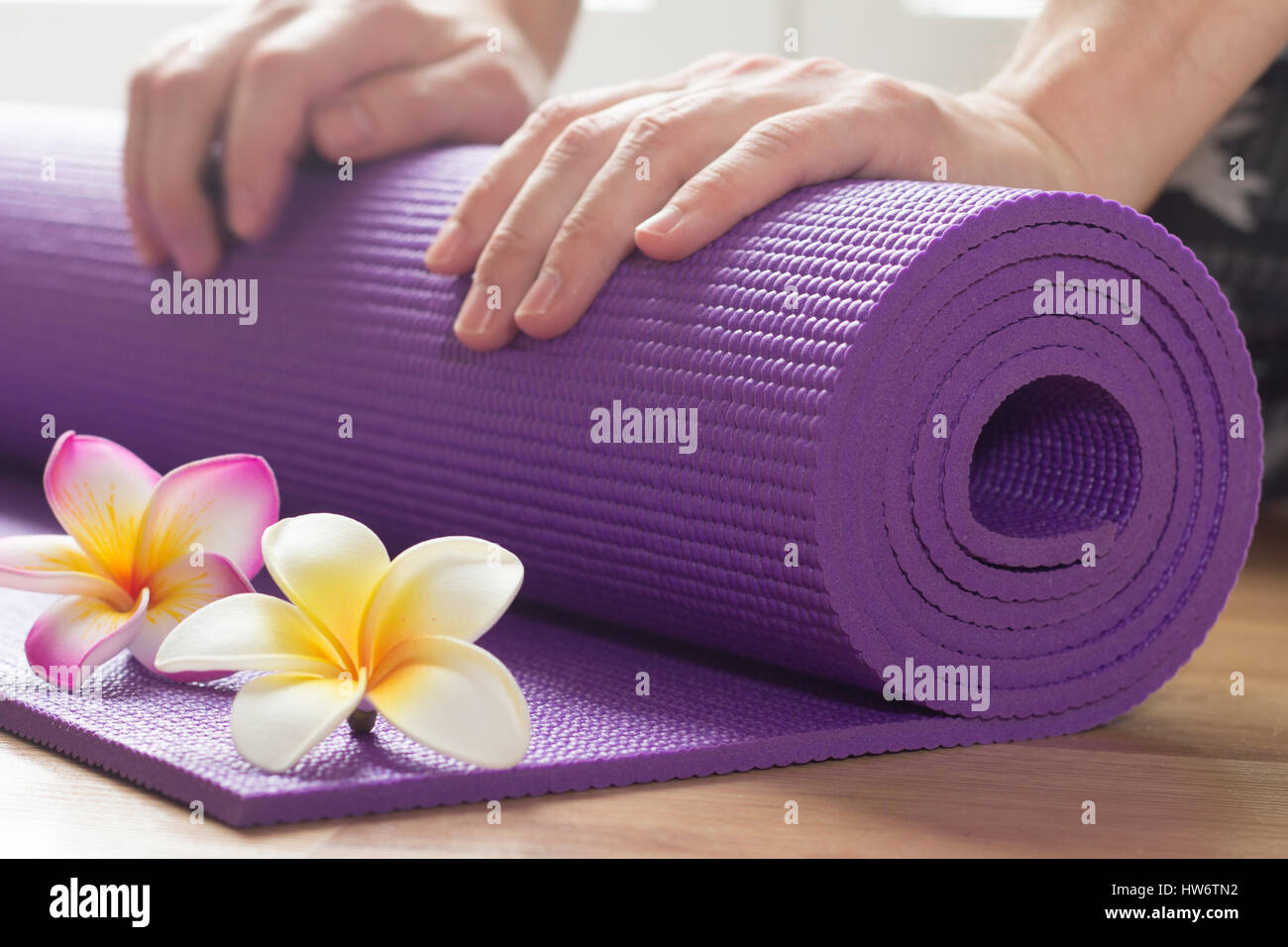 Hands Rolling Yoga Mat Stock Photo 135990094 Alamy