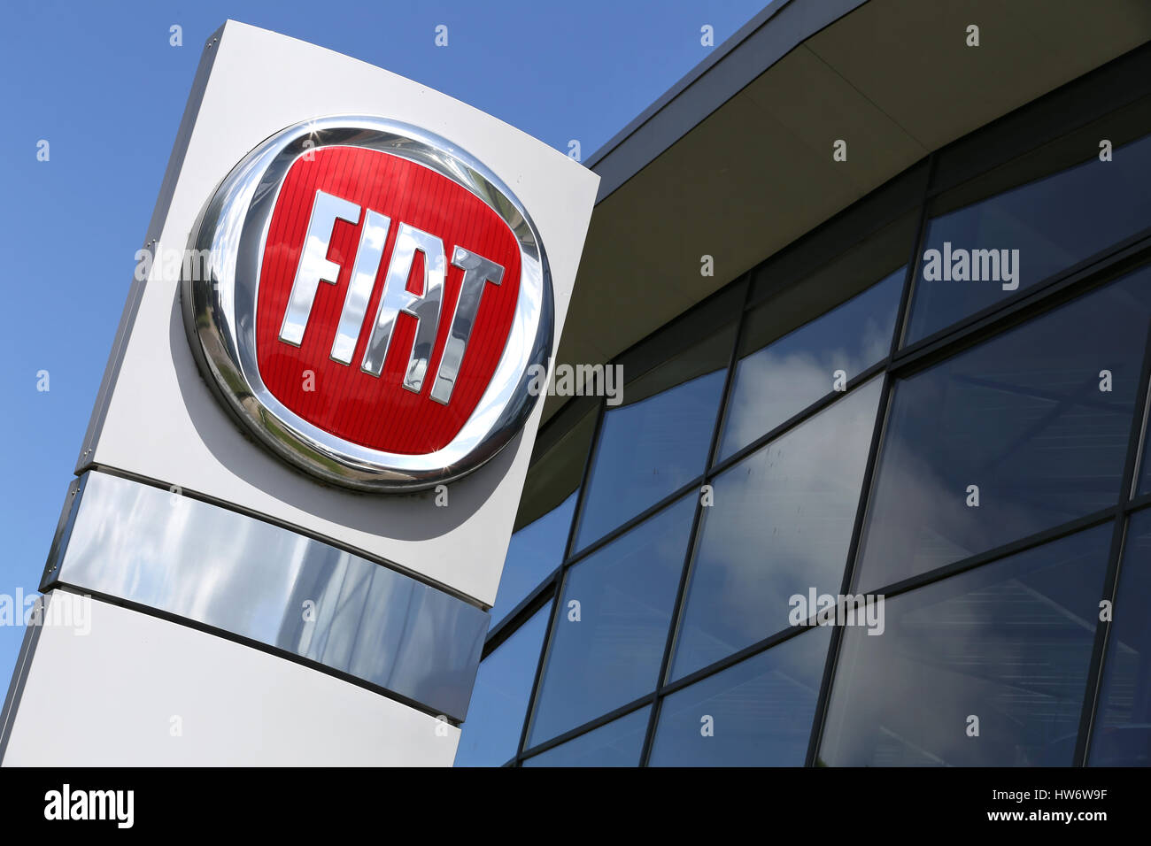Fiat dealership sign in front of the showroom Stock Photo