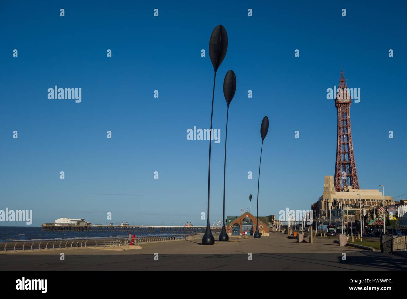 Blackpool Tower and view along Golden Mile towards North Pier Stock Photo