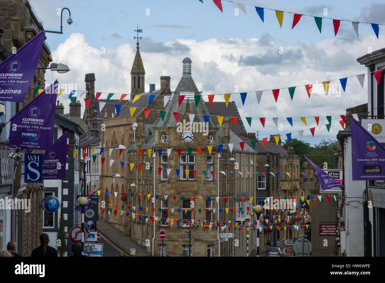 Clitheroe Town center with bunting hanging from buildings Stock Photo