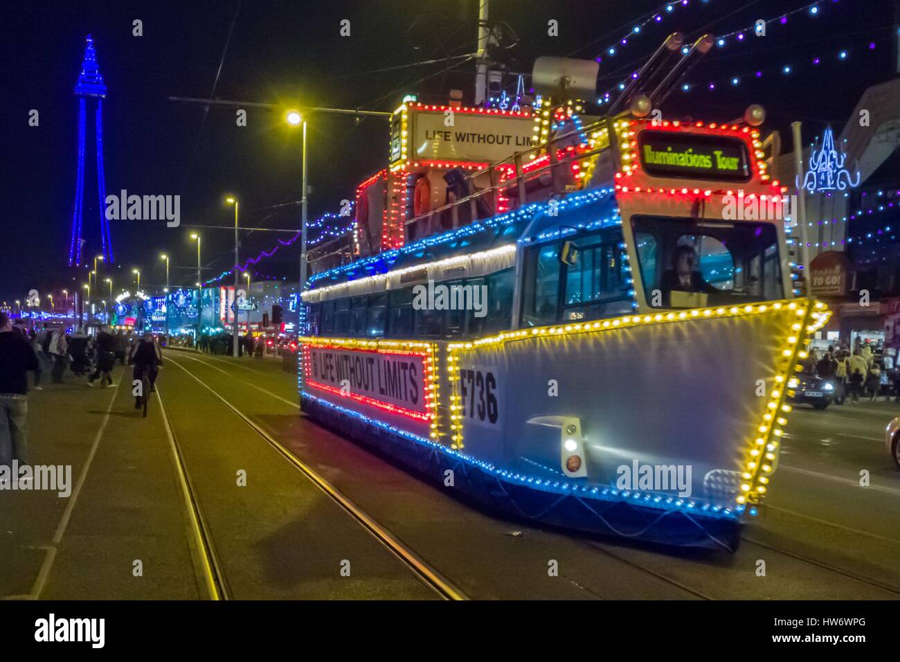 Blackpool Tower, illuminated tram and the illuminations along the Golden Mile Stock Photo