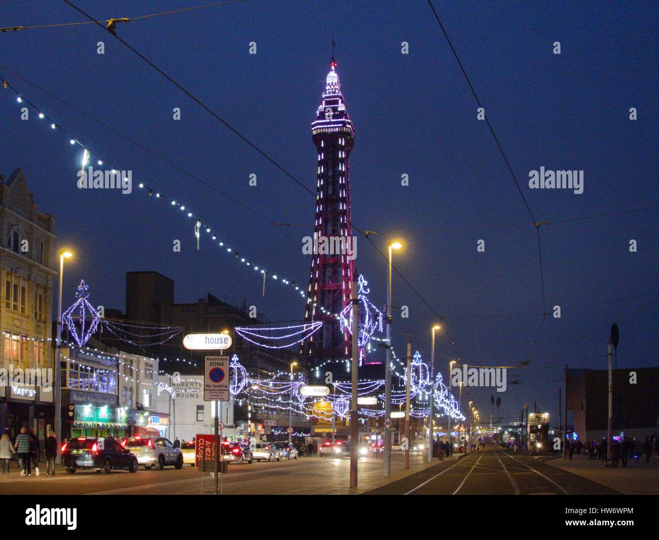 Blackpool Tower and the illuminations along the Golden Mile Stock Photo